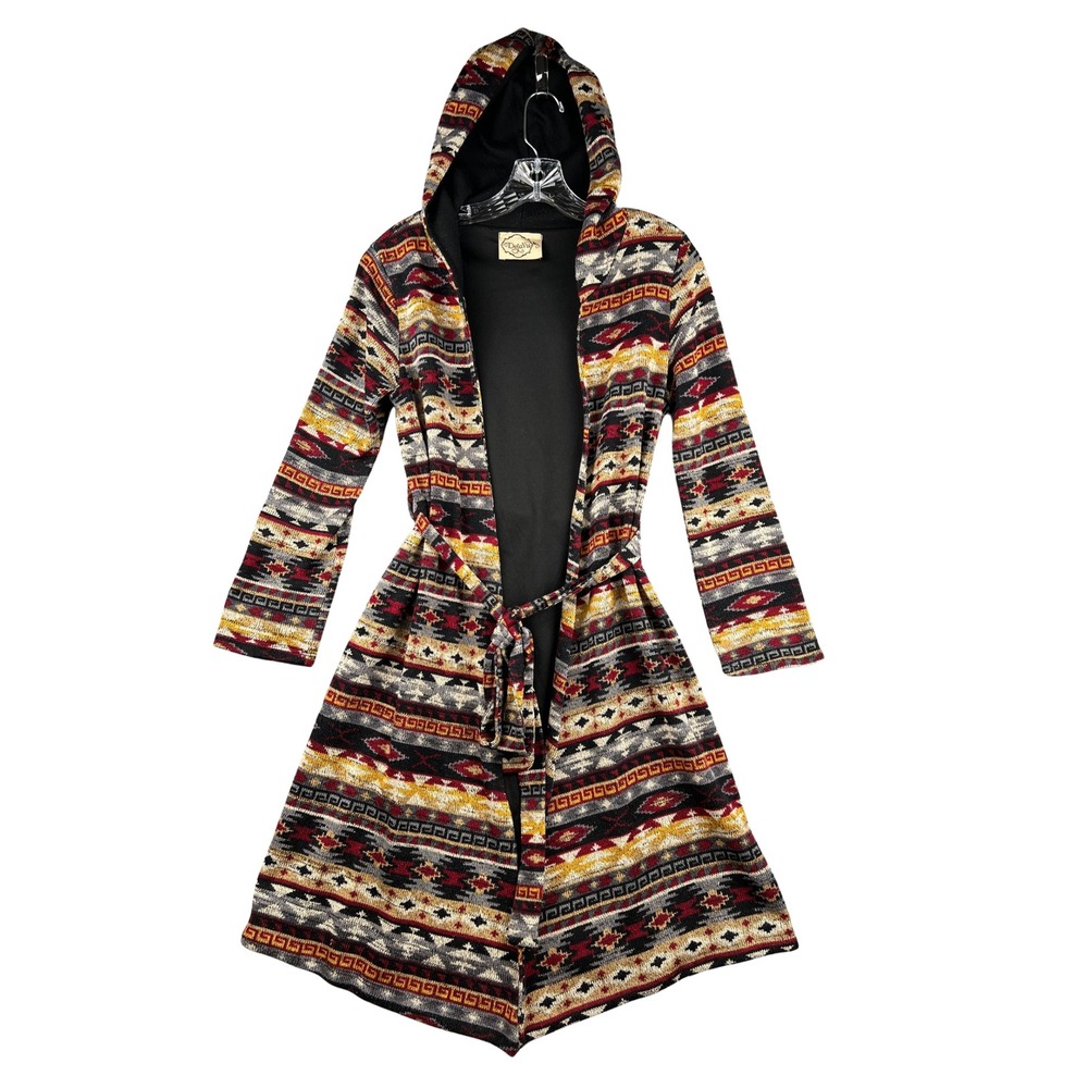 DejaVu Hooded Cardigan Sweater Womens Medium Geometric Print Tie Waist Duster